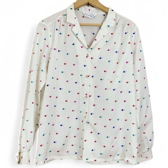 Vintage Tops - Vintage 1980s Cheryl Tiegs White Blouse Rainbow Flowers Tulips Long Sleeve
